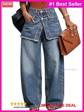 Wide Leg Baggy Jeans Raw Frayed Fringe Asymmetrical High Rise Denim Pants